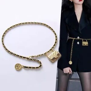 Anthropologie  Black Gold Chain Belt With Designer Mini Charm Bag